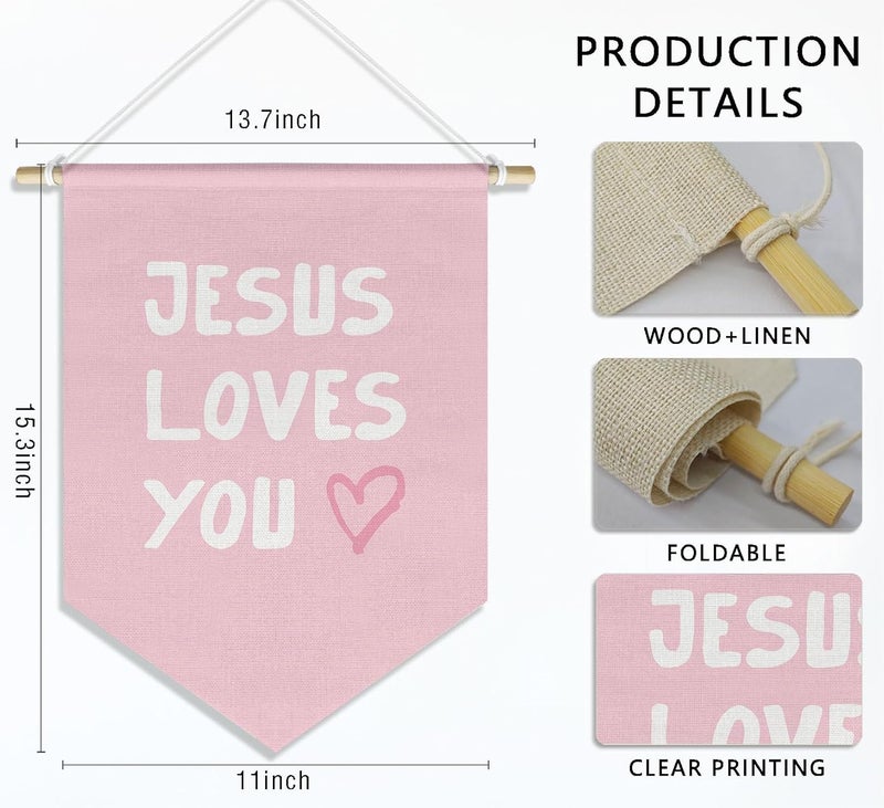 DSHFG Pink Christian Wall Art for Kids Baby Girl Nursery Classroom Toddler Room Bedroom, Kid Bible Verse Wall Decor Banner Hanging Pennant, Jesus Loves You, 15x11in - Image 2